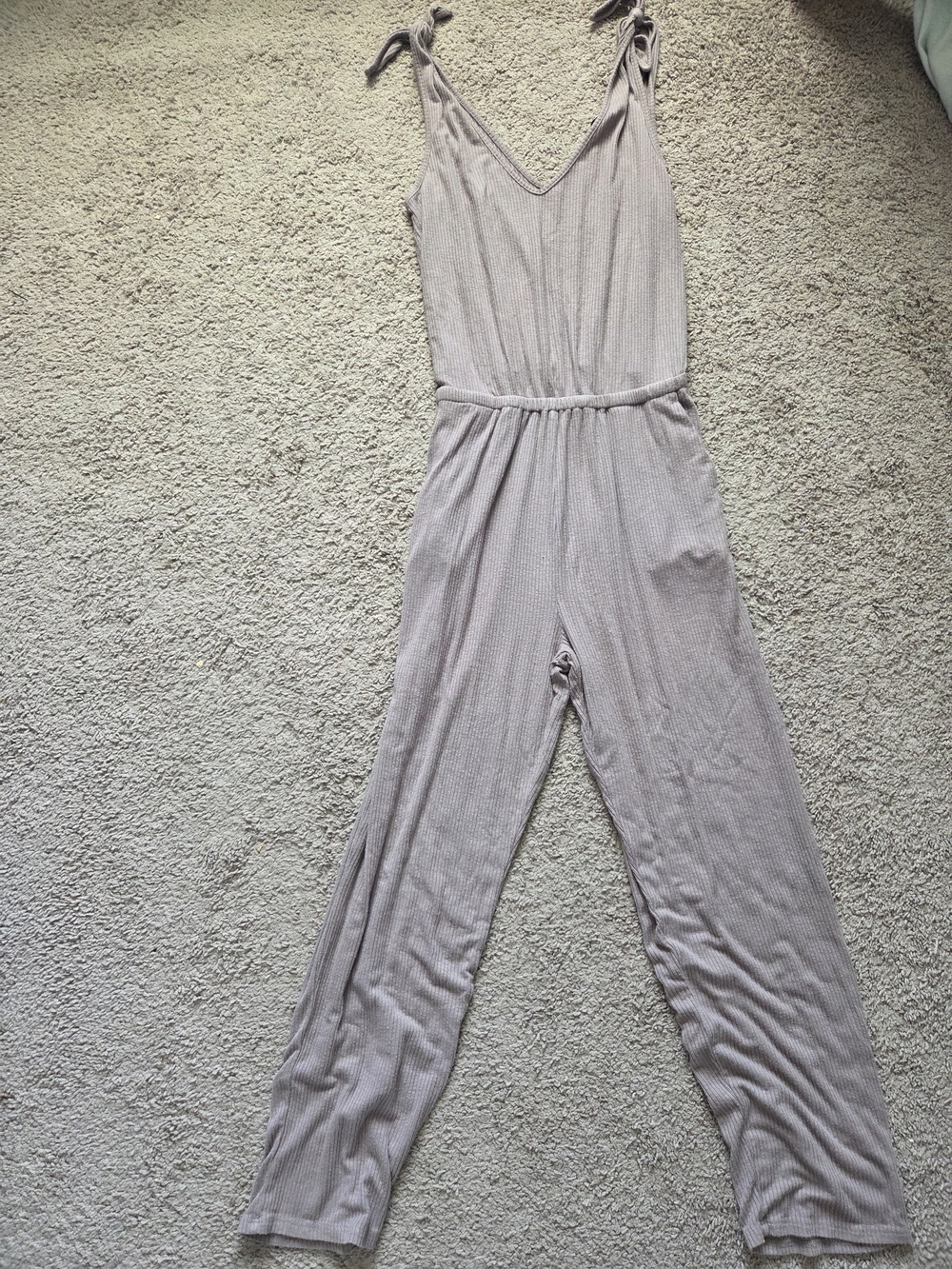 Lulu's Ribbed Tie-Shoulder Jumpsuit in Light Taupe